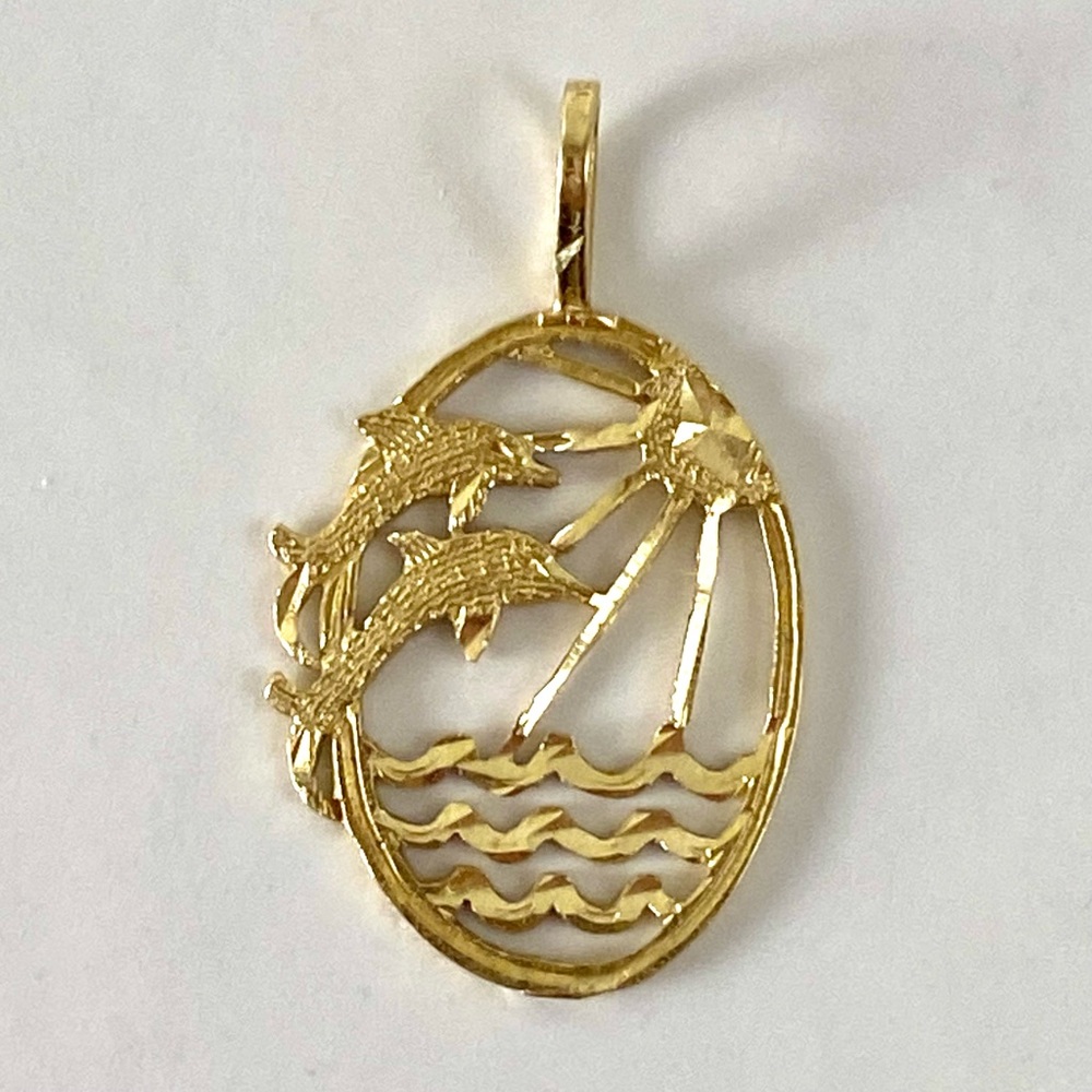 Unique 14K Twin Dolphins Jumping Sunbeam Scene Pendant